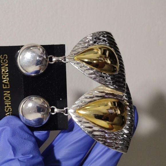 Two-Tone Triangle Drop Earrings | Polished Silver & Gold Teardrop Dangle Jewelry - Picture 4 of 7